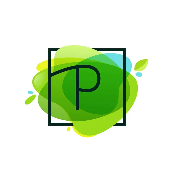 P brief logo in vierkante frame op groene aquarel plons backgro — Stockvector