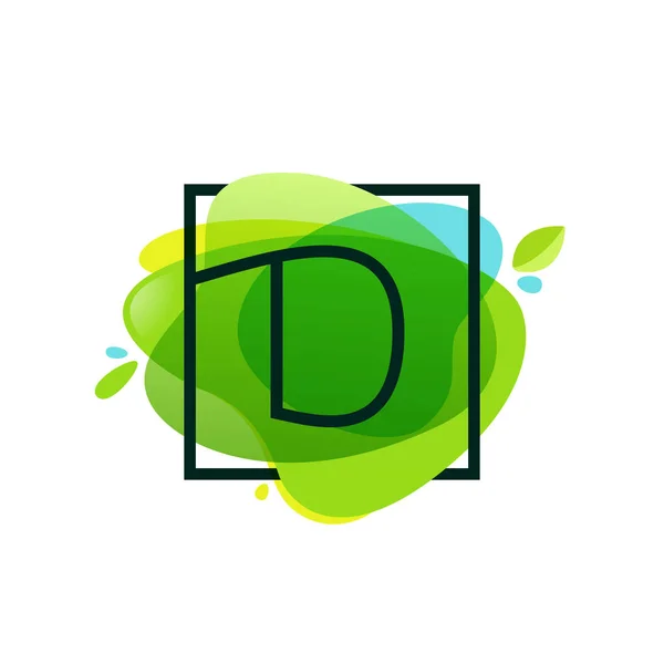 Λογότυπο γράμμα D στο τετράγωνο πλαίσιο στο πράσινο ακουαρέλα splash backgro — Διανυσματικό Αρχείο