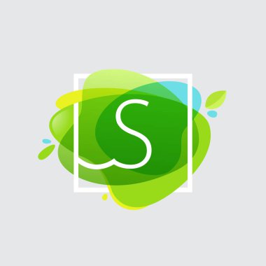 S letter logo in square frame at green watercolor splash backgro