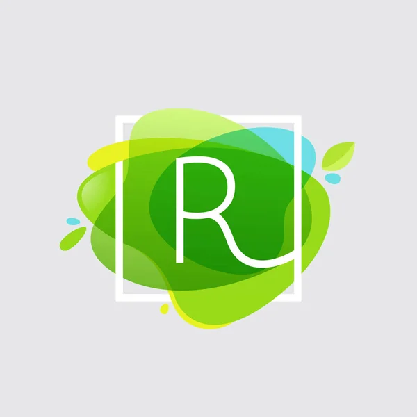 R letter logo in square frame at green watercolor splash backgro — Stock Vector