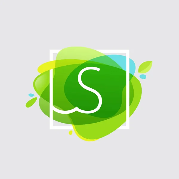 S letter logo in square frame at green watercolor splash backgro — Stock Vector