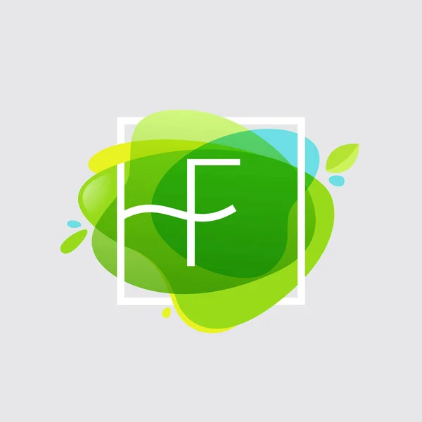 F letter logo in square frame at green watercolor splash backgro — Stock Vector