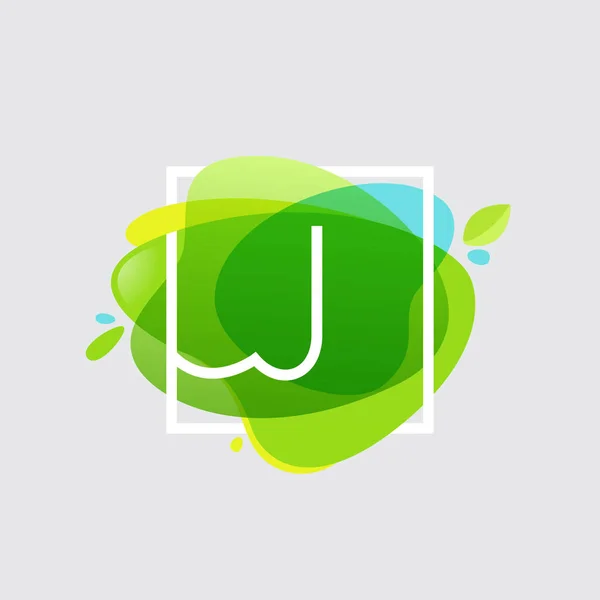 J επιστολή λογότυπο σε τετράγωνο πλαίσιο στο πράσινο ακουαρέλα splash backgro — Διανυσματικό Αρχείο