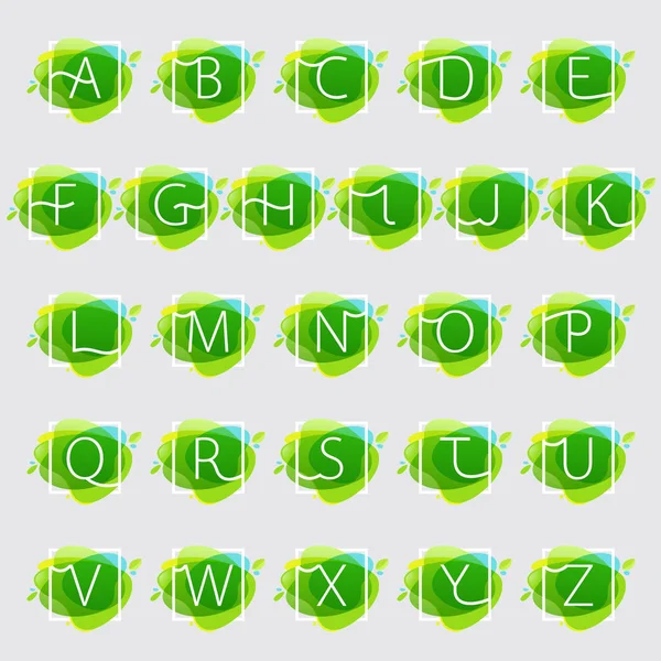 Alfabetet-logotyper i fyrkantig ram på gröna akvarell splash bakgr — Stock vektor