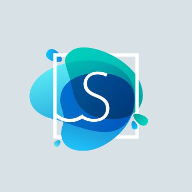 S harfi logo mavi suluboya sıçrama, kare çerçeve