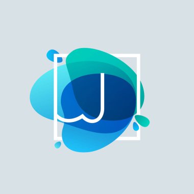 J letter logo in square frame at blue watercolor splash