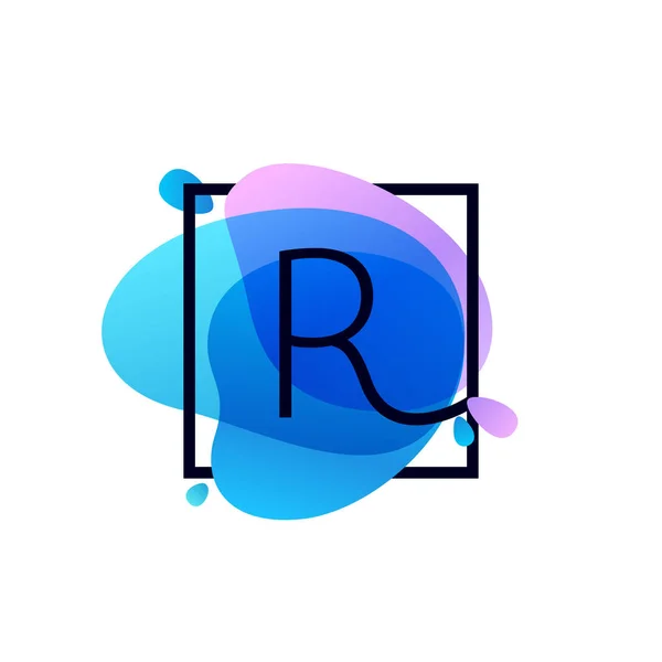 Letter logo in square frame at blue watercolor splash — Stock Vector