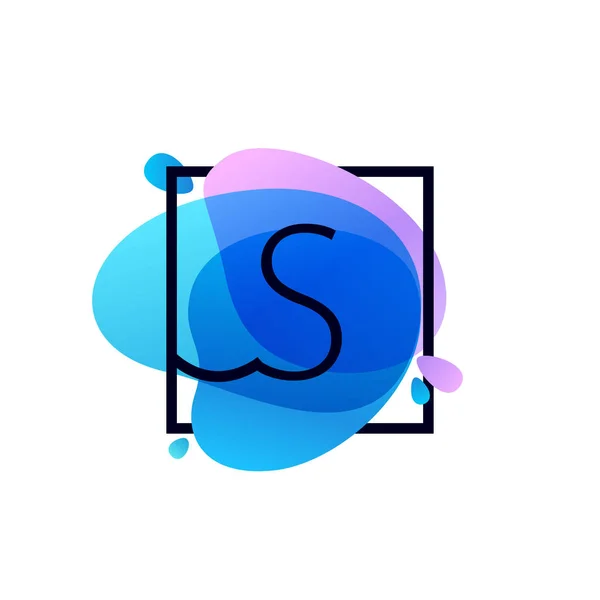 Bij blauwe aquarel splash vierkante frame logo S brief — Stockvector