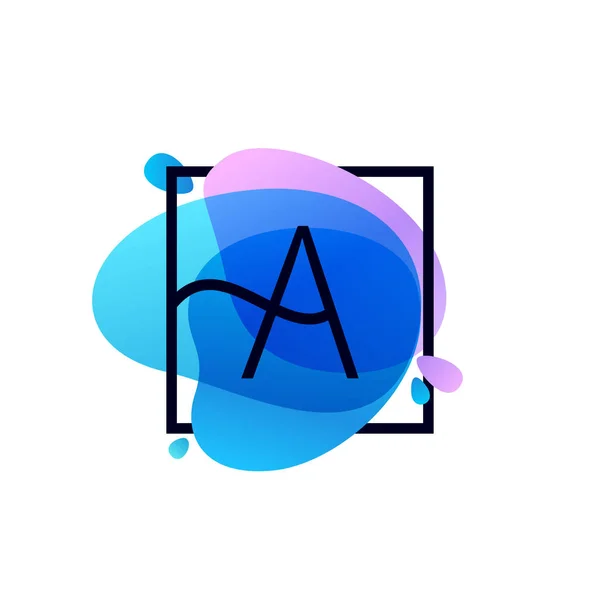 Písmeno A logo ve čtvercovém rámci na modré akvarel splash — Stockový vektor