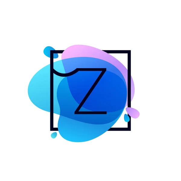 青い水彩スプラッシュで正方形のフレームで Z の文字ロゴ — ストックベクタ