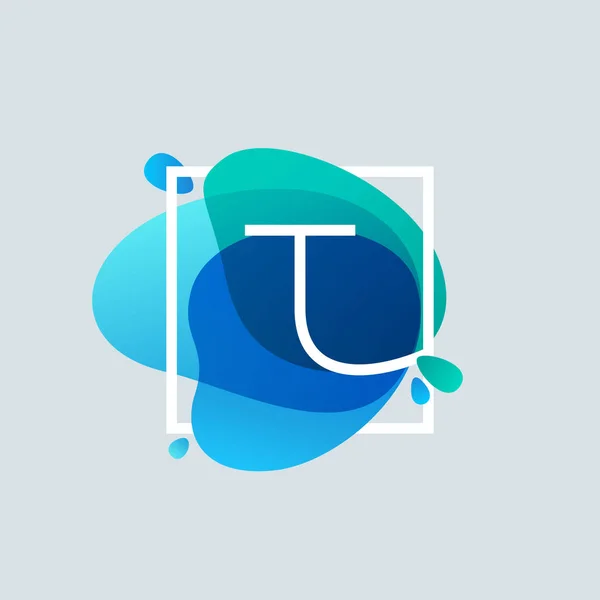 青い水彩スプラッシュで正方形のフレームの T 文字ロゴ — ストックベクタ