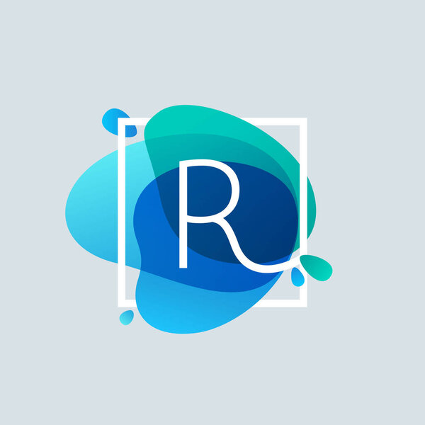 R letter logo in square frame at blue watercolor splash