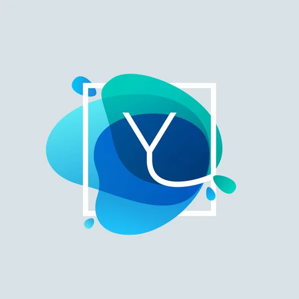 Logotipo da letra Y no quadro quadrado no respingo azul da aquarela — Vetor de Stock