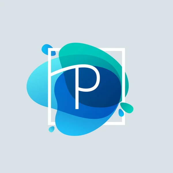P の文字が青い水彩画スプラッシュで正方形のフレームのロゴ — ストックベクタ