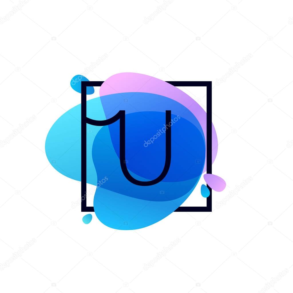 U letter logo in square frame at blue watercolor splash