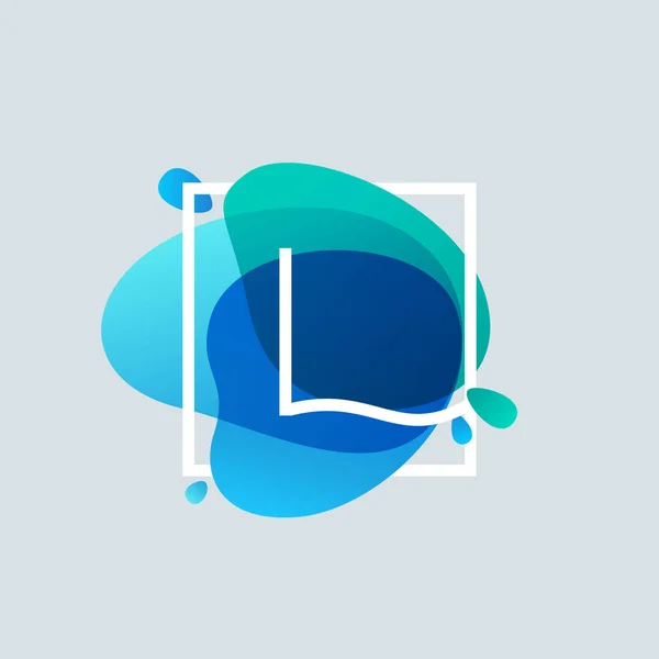 L harfi logo mavi suluboya sıçrama, kare çerçeve — Stok Vektör