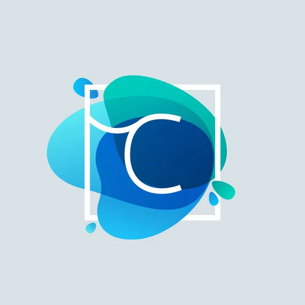Logotipo da letra C no quadro quadrado no respingo azul da aquarela — Vetor de Stock