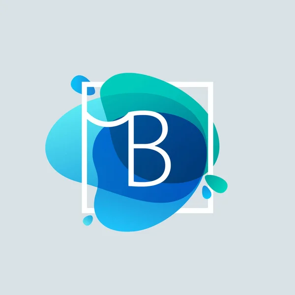 B brev logotyp i fyrkantig ram på blå vattenfärg splash — Stock vektor
