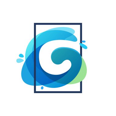 C harfi logo, mavi suluboya sıçrama backgrou kare çerçeve