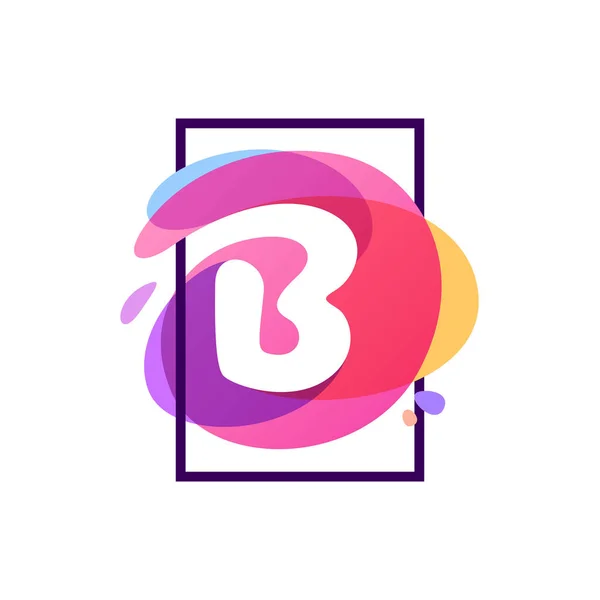 B letter logo in square frame at watercolor splash background. — Stock Vector