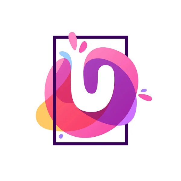 U letter logo in square frame at watercolor splash background. — Stock Vector