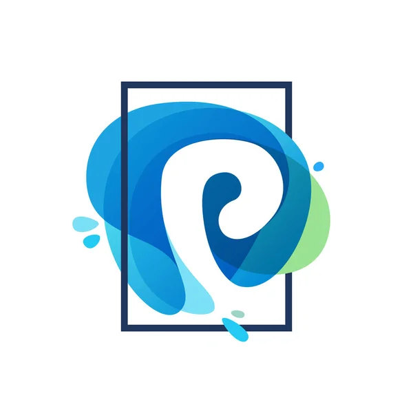 P letter logo in square frame at blue watercolor splash backgrou — Stock Vector