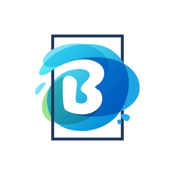 B letter logo in square frame at blue watercolor splash backgrou — Stock Vector