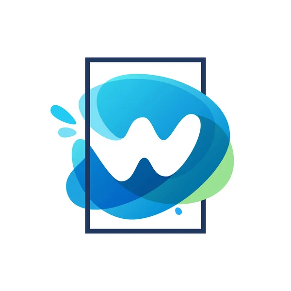 青い水彩スプラッシュれたらに正方形のフレームで W 文字ロゴ — ストックベクタ