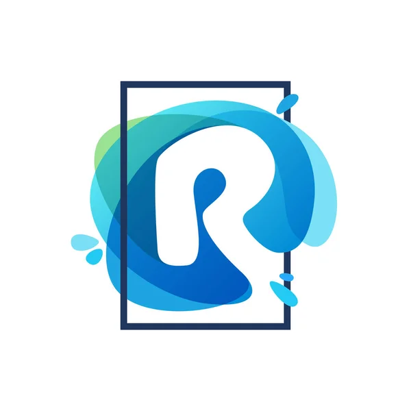 R letter logo in square frame at blue watercolor splash backgrou — Stock Vector