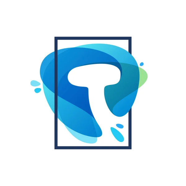 T logo letra en marco cuadrado en azul acuarela chapoteo backgrou — Vector de stock