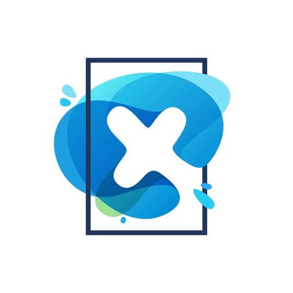 X letter logo in square frame at blue watercolor splash backgrou — Stock Vector