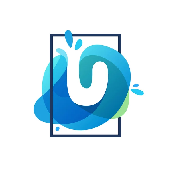 U letter logo in square frame at blue watercolor splash backgrou — Stock Vector