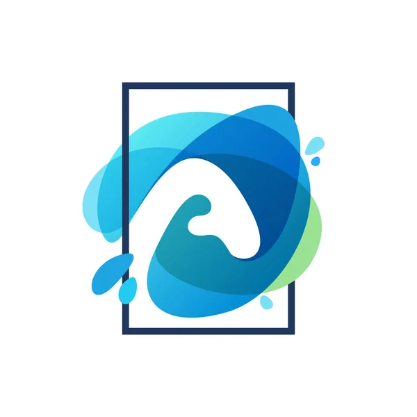 Letter A logo in square frame at blue watercolor splash backgrou — Stock Vector