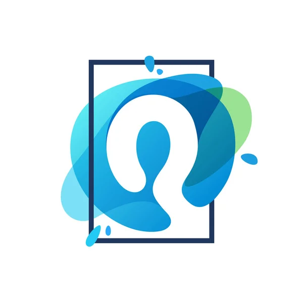 Q letter logo in square frame at blue watercolor splash backgrou — Stock Vector
