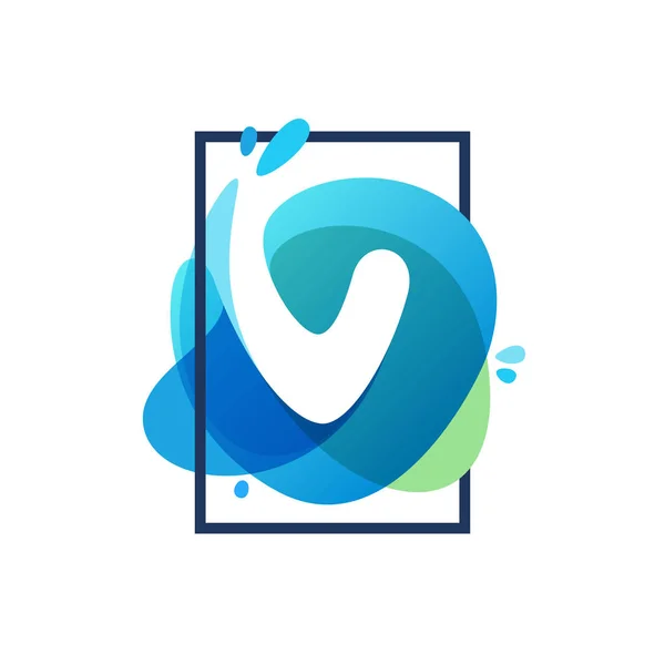 V brief logo in bij blauwe aquarel splash CHTERGRO vierkante frame — Stockvector