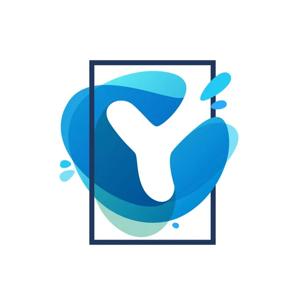 青い水彩スプラッシュれたらに正方形のフレームで Y 文字ロゴ — ストックベクタ