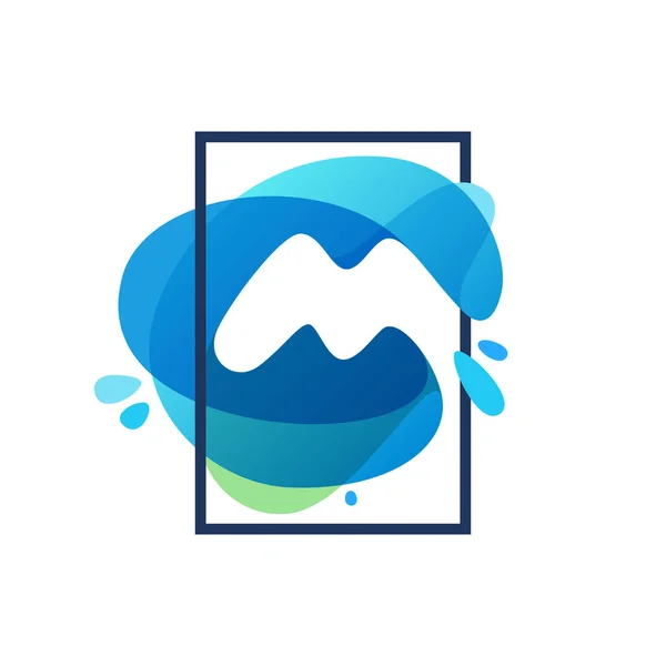 M letter logo in square frame at blue watercolor splash backgrou — Stock Vector