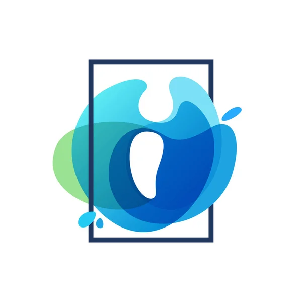Γράμμα I λογότυπο σε τετράγωνο πλαίσιο στο μπλε ακουαρέλα splash λεμονάτα — Διανυσματικό Αρχείο