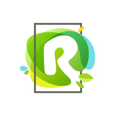 R harfi logo yeşil suluboya sıçrama backgro, kare çerçeve
