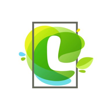 L harfi logo yeşil suluboya sıçrama backgro, kare çerçeve