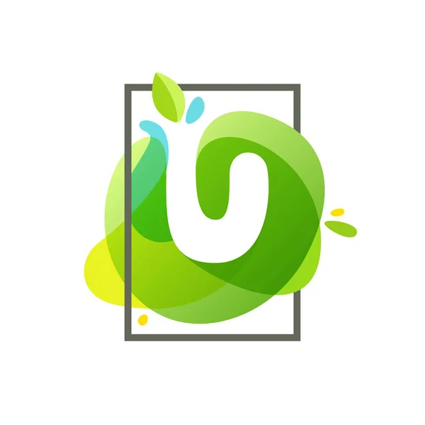 U harfi logo yeşil suluboya sıçrama backgro, kare çerçeve — Stok Vektör