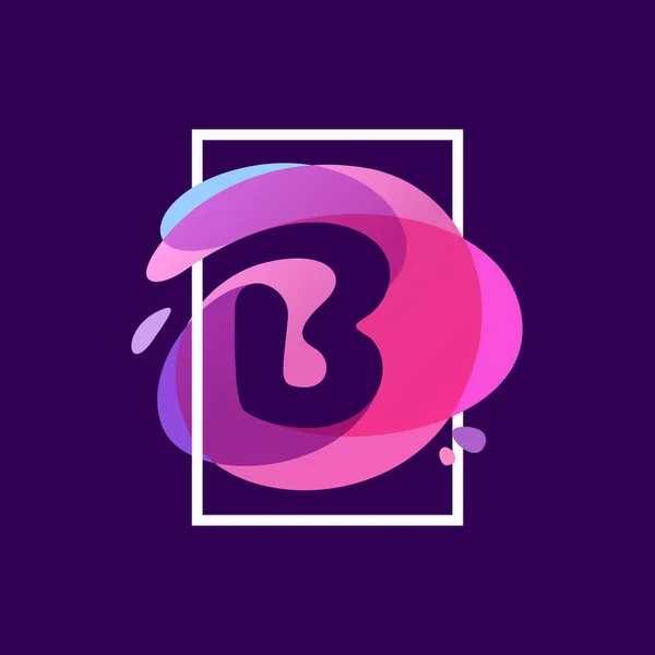 B-Buchstabe-Logo in quadratischem Rahmen auf mehrfarbigem Spritzhintergrund. — Stockvektor