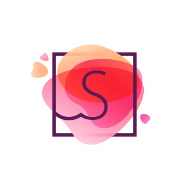 S letter logo in square frame at pink watercolor background.