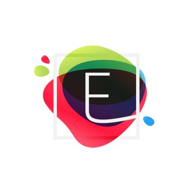 E letter logo in square frame at multicolor splash background. 