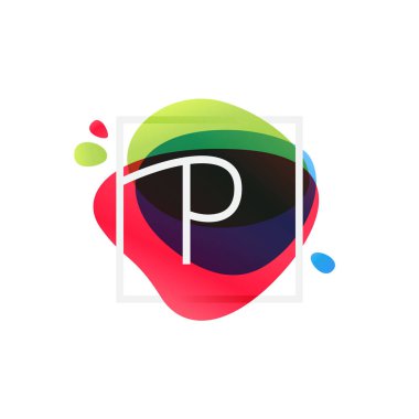 Kare kare çok renkli splash arka plan, logo P harfi. 