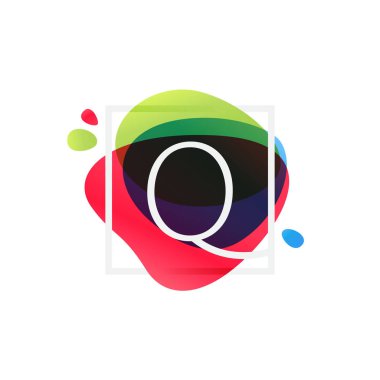 Q harfi logo çok renkli splash arka plan, kare çerçeve. 