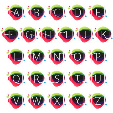 Alfabe logolar çok renkli splash arka plan, kare çerçeve.