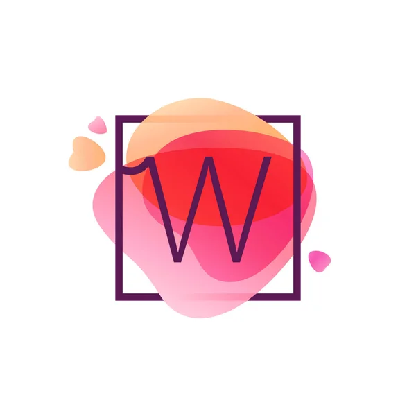 W 文字ロゴ ピンク水彩画背景で正方形のフレームで. — ストックベクタ