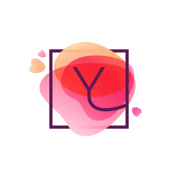 Логотип буквы Y в квадратной рамке на розовом фоне акварели . — стоковый вектор