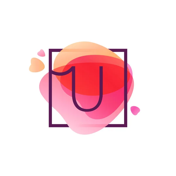 U letter logo in square frame at pink watercolor background. — Stock Vector